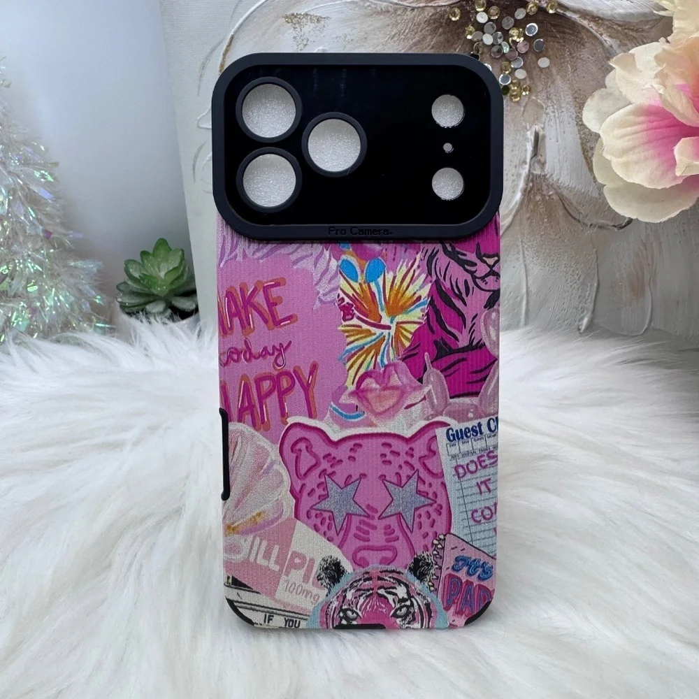 Vibrant Pink Tiger Graphic Themed iPhone 17 Pro Max Case with pink Beaded Strap